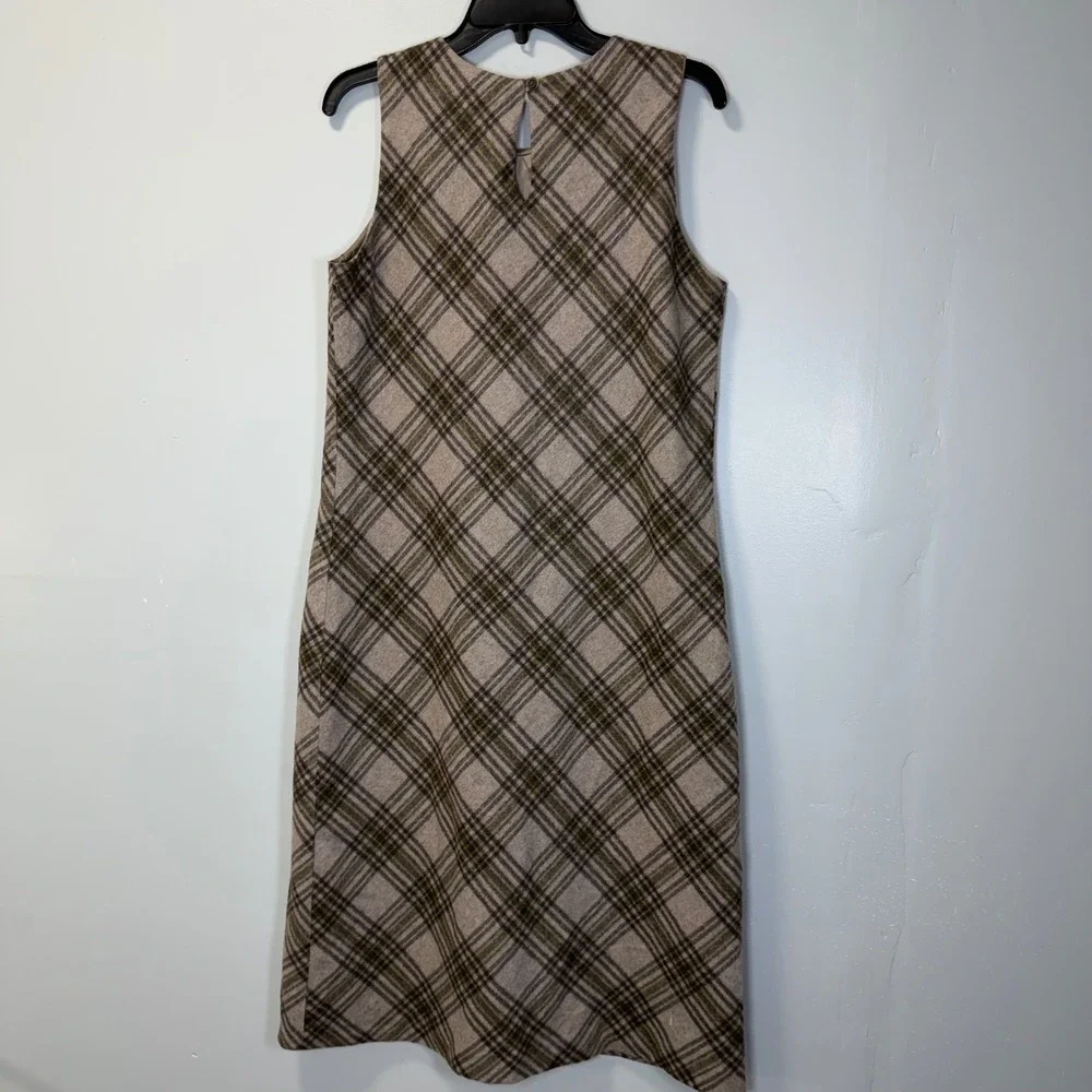 Willi Smith Made in Italy Wool Blend Plaid Sleeveless Shift Dress Brown Olive 10